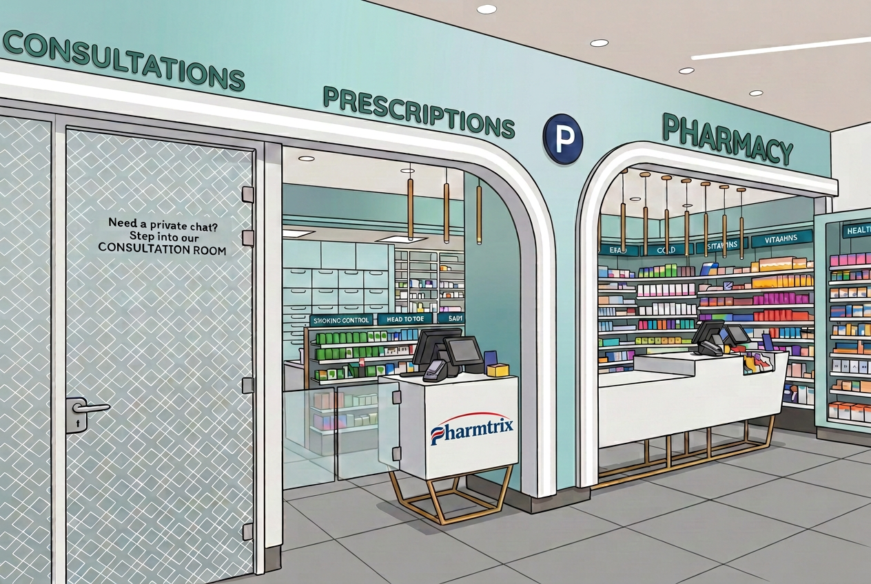 Pharmtrix pharmacy interior with teal signage, stocked shelves and consultation counter